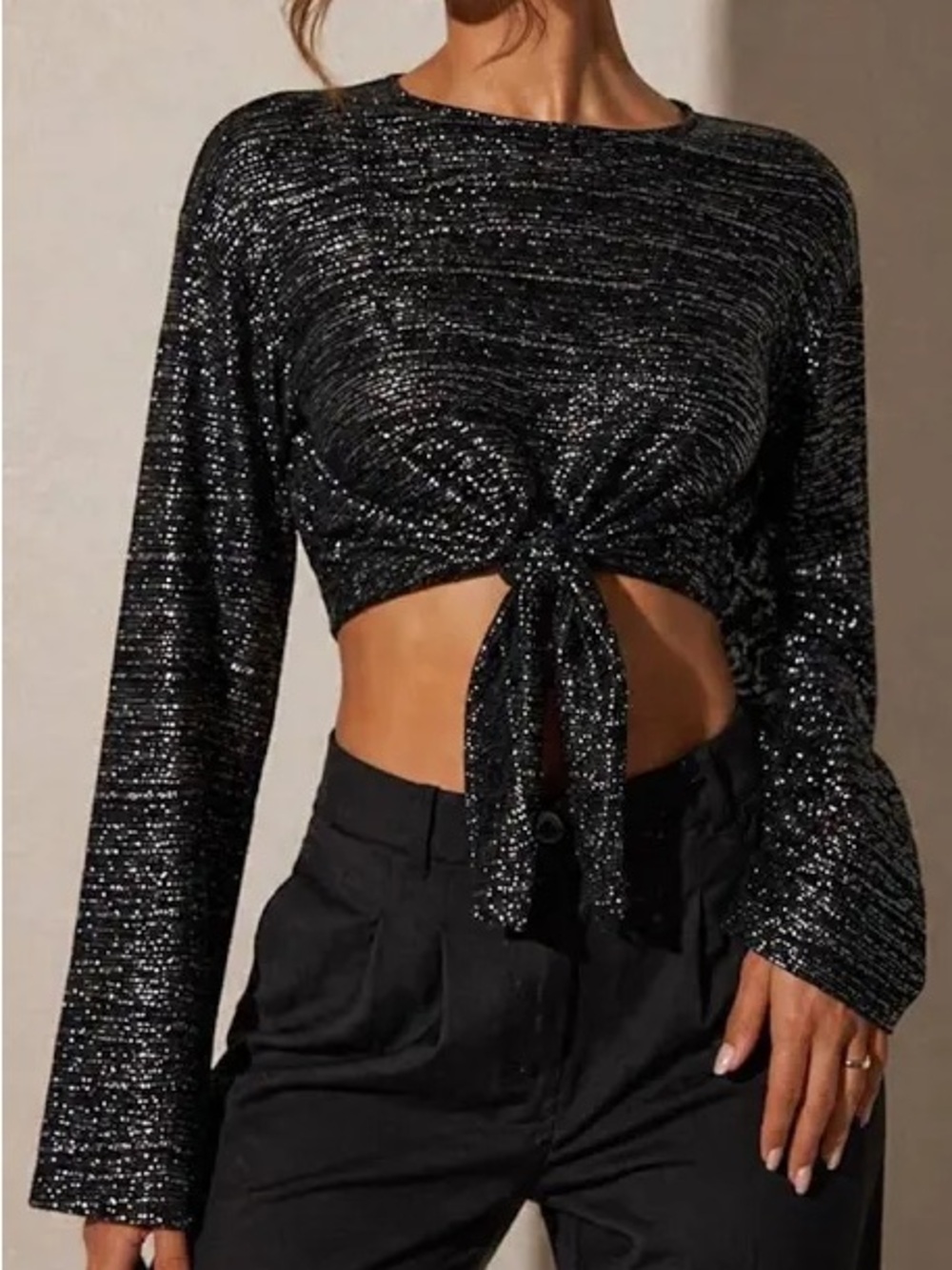 Atoir The Velocity Black Sparkle Tie-Front Crop Top